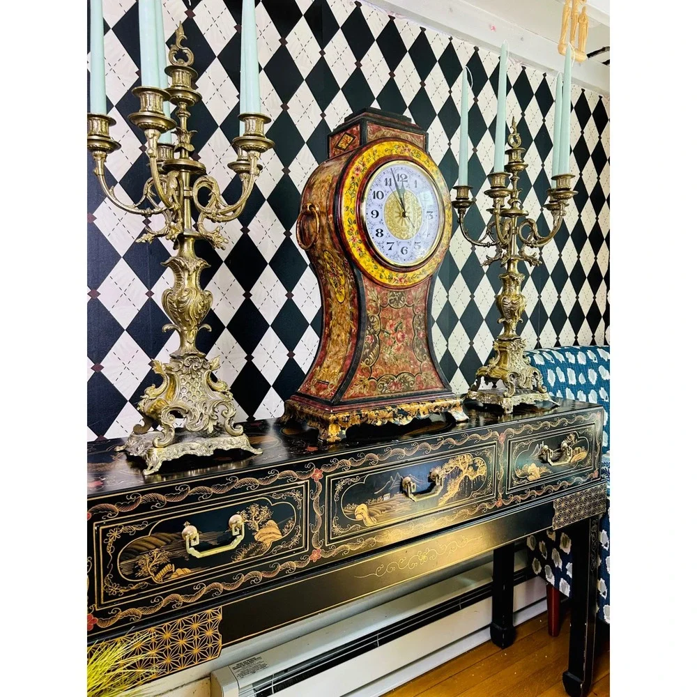 Oversized 2ft Tall Italian Florentine Style Mantel Clock Hand Painted